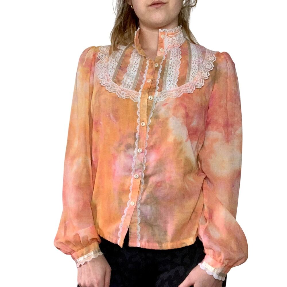 Vintage 1980s Jessica's Gunnies Edwardian Blouse Hand Dyed Orange Lace Reworked